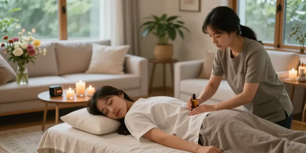 김포출장마사지 session in a serene home environment, showcasing relaxation and wellness elements.