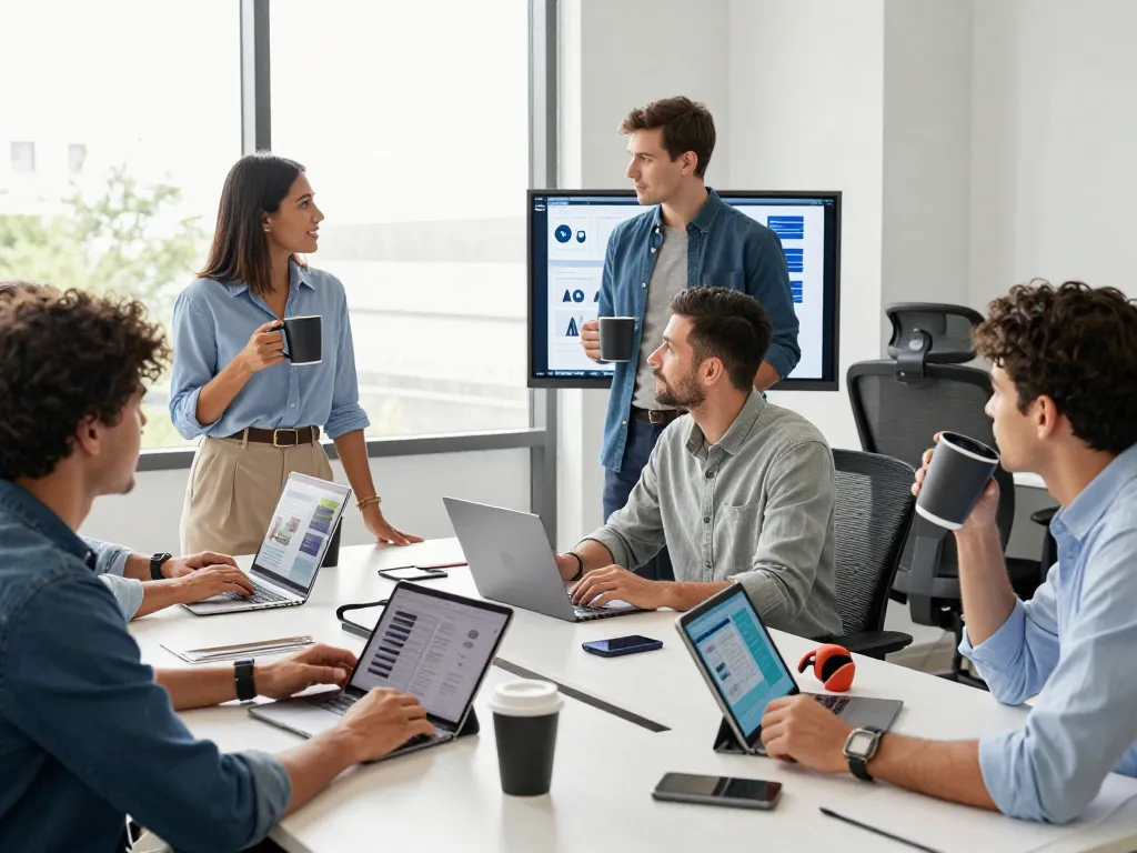 Collaboration in a tech workspace using must-have tech gadgets like tablets and Bluetooth devices.
