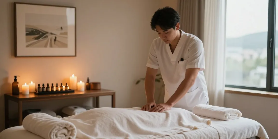 부산마사지 전문 스파에서 여유롭고 고급스러운 마사지 환경과 아늑한 조명과 오일을 배치한 모습