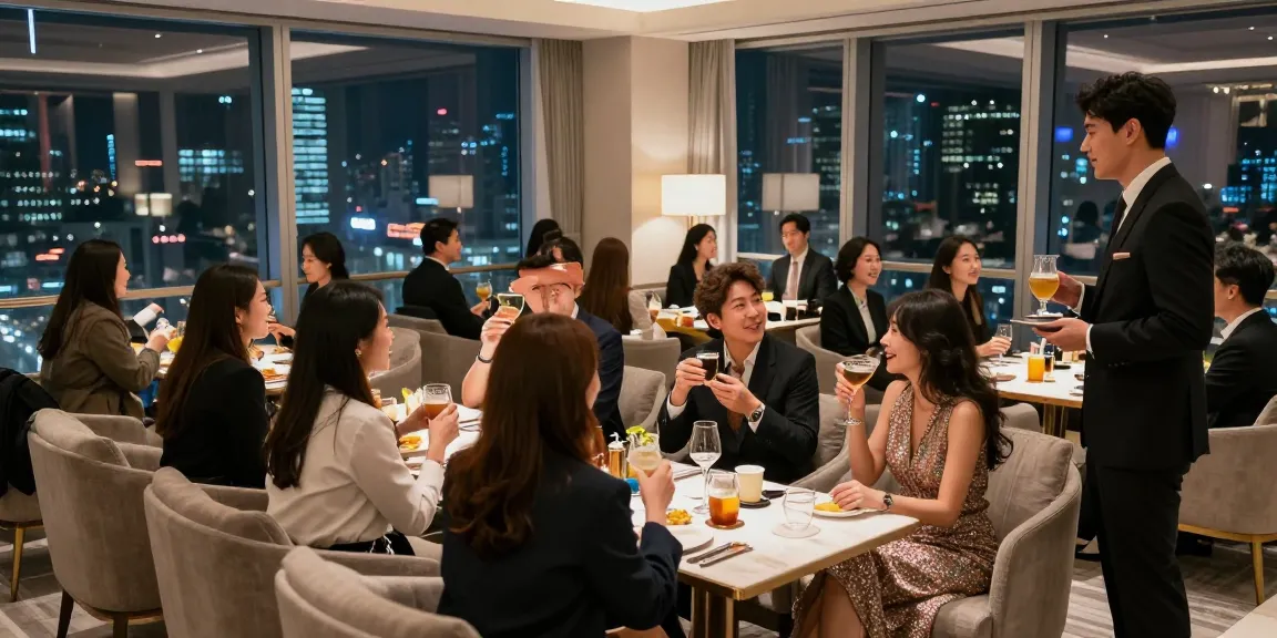 강남 구구단 쩜오에서 세련된 분위기로 즐기는 손님과 매니저의 모습