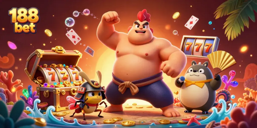 Engage in thrilling moments at 188 bet with sumo wrestlers, treasures, and vibrant casino elements.