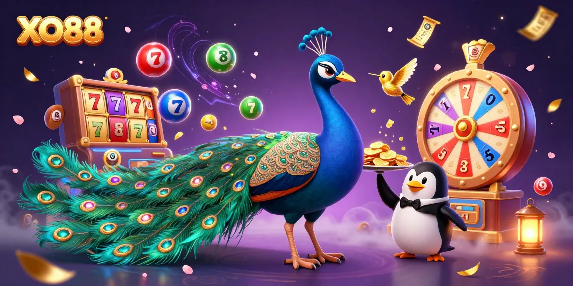 Engage in exciting gameplay with XO88, featuring colorful slot reels and dynamic characters in a vibrant casino environment.
