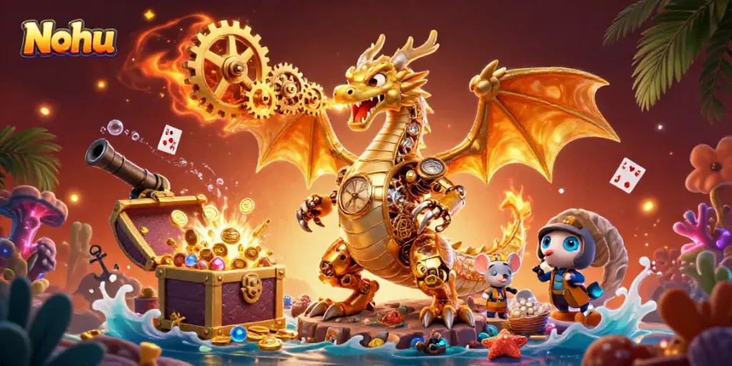 Nohu promotes thrilling gameplay rich with gold and excitement, showcasing a golden dragon with clockwork internals in a dynamic casino scene.