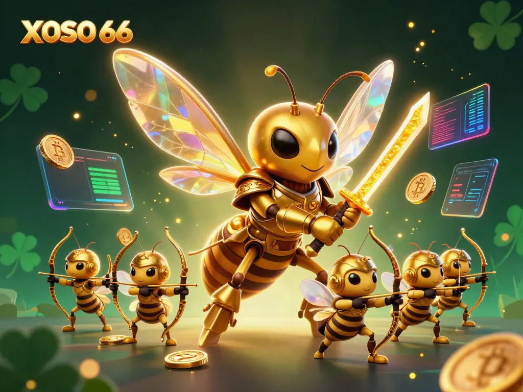 Engage with XOSO 66's dynamic casino scene featuring a golden hornet samurai and crypto coins.