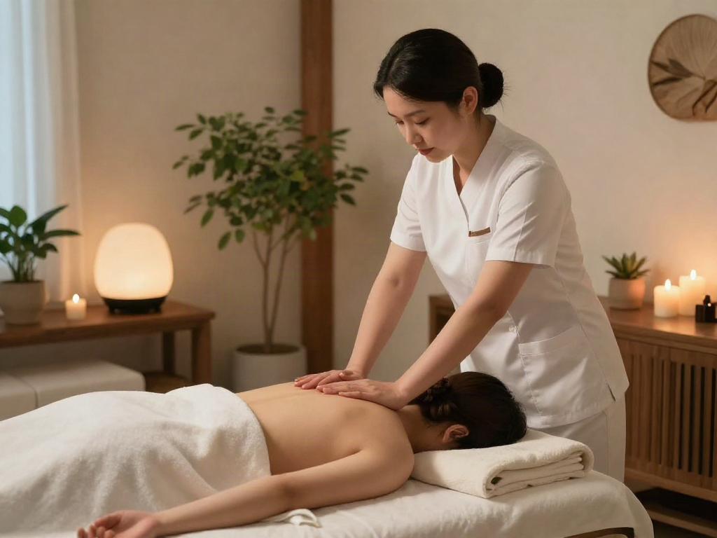Experience 안양출장마사지 with professional therapist in a calming environment featuring essential oils and tranquil lighting.