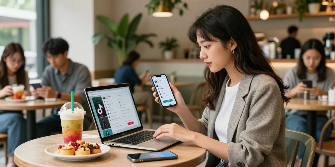若いビジネスウーマンがカフェのにぎやかな設定の横でtiktok いいね 購入を示すTikTokのエンゲージメントメトリクスを分析している。