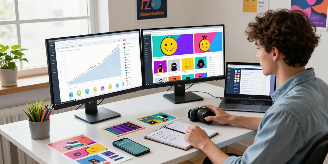 若いマーケティング専門家がSNSヒーローを使用してデュアルモニターでフォロワーの成長グラフを分析しているシーン