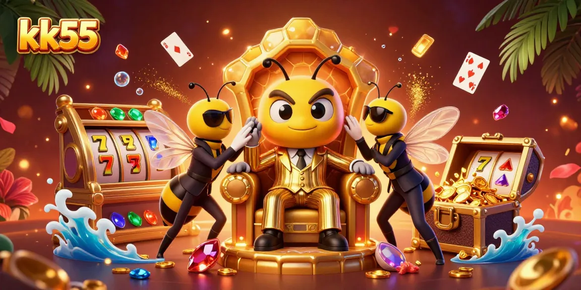 Engage with exciting gameplay at kk55, illustrated in vibrant 3D with slot reels and treasure elements.