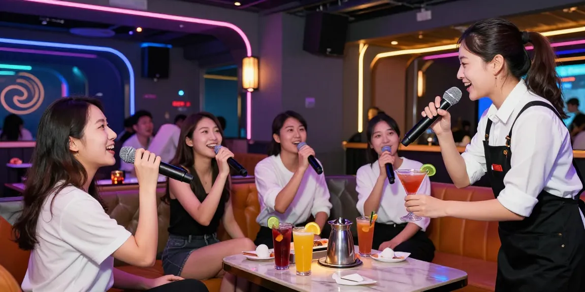 강남쩜오에서 즐거운 시간을 보내는 친구들, 화려한 조명과 아늑한 좌석으로 채워진 프리미엄 가라오케 분위기