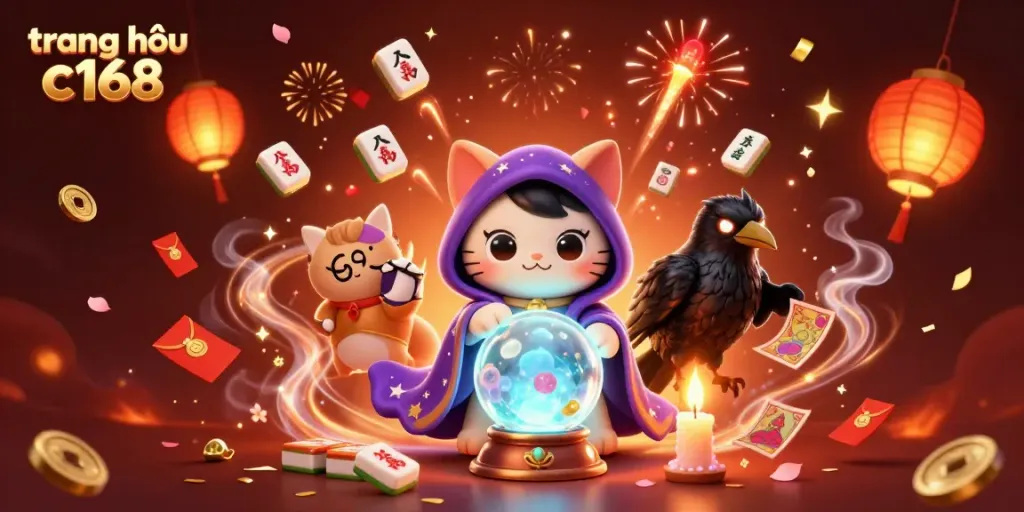Experience the magic at trang chủ c168 with a mystical cat, raven, and festive casino elements.