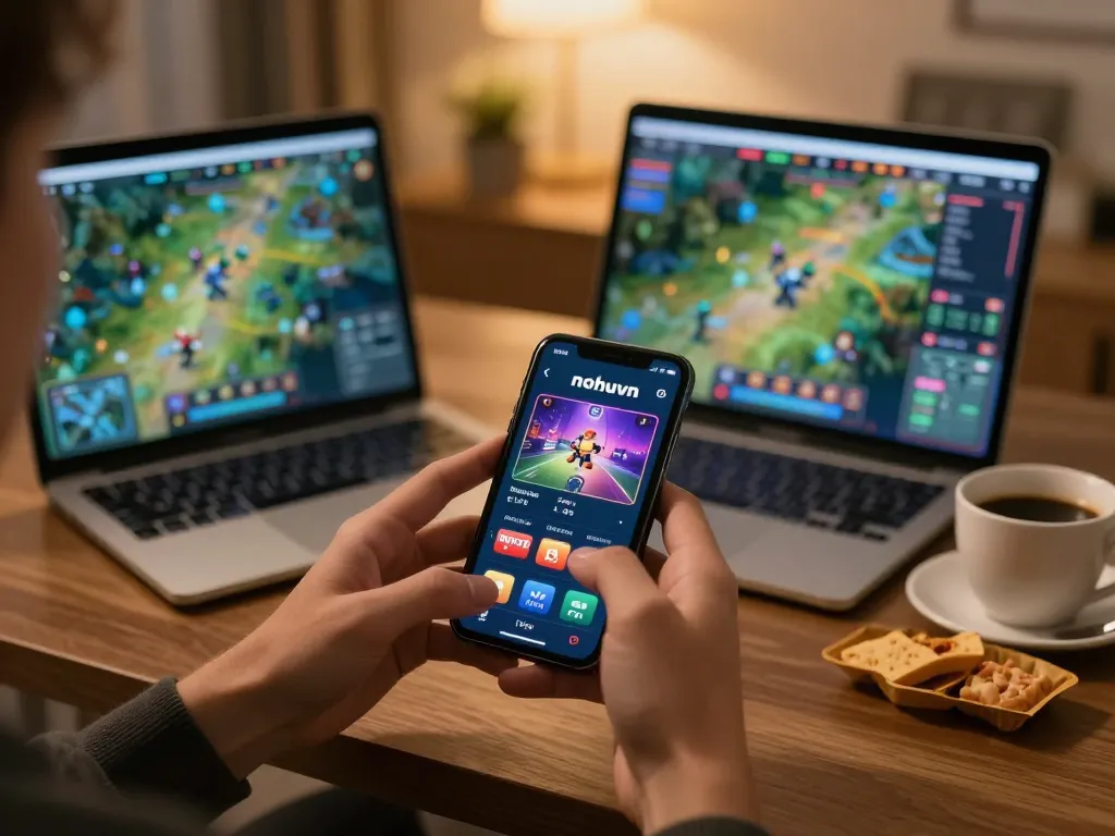 Engage with the nohuvn casino app on a smartphone while relaxing at home.