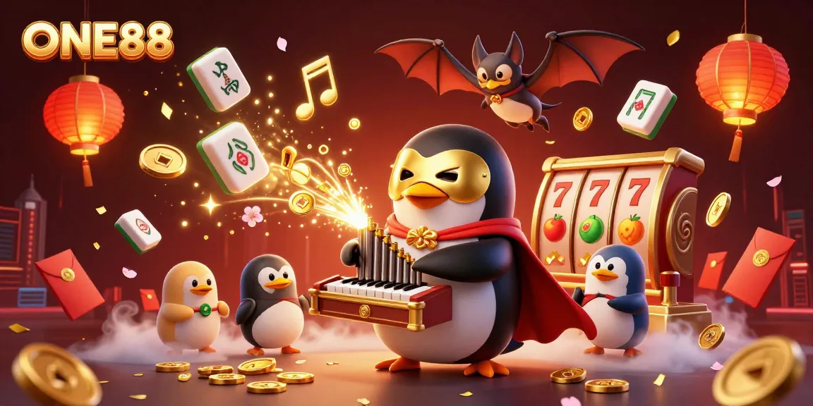 Engage with ONE88's vibrant casino universe through a dynamic illustration featuring a penguin, acrobat, and golden treasures.