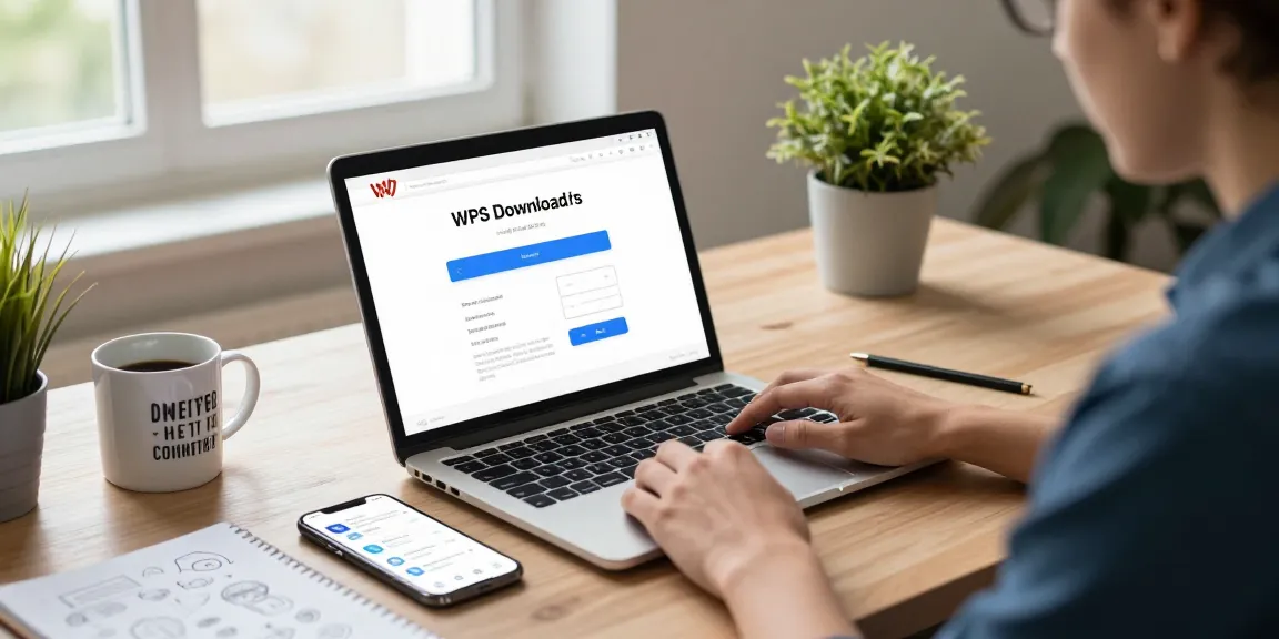 Engaged user performing WPS Download on a laptop in a stylish workspace.