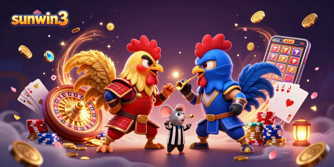 Experience thrilling gameplay at sunwin3 with vibrant casino elements and action-packed roosters in standoff.