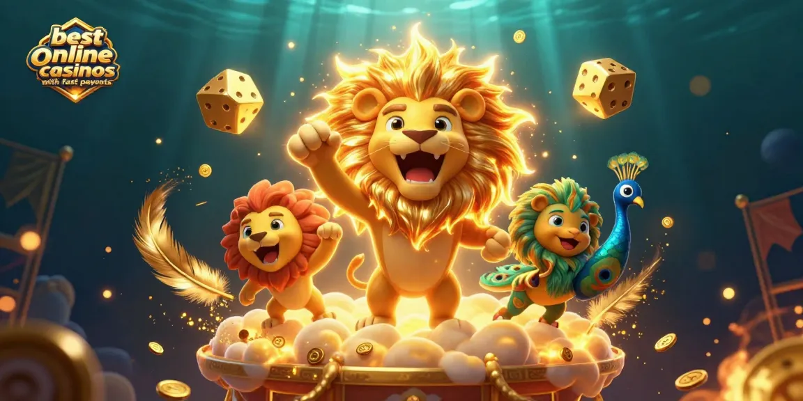 Engage with the best online casinos with fast payouts featuring a playful lion and golden dice.