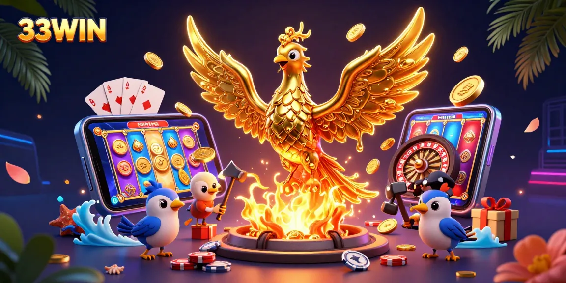 Engage with 33WIN's thrilling casino experience featuring gold-dripping phoenix and vibrant game elements.