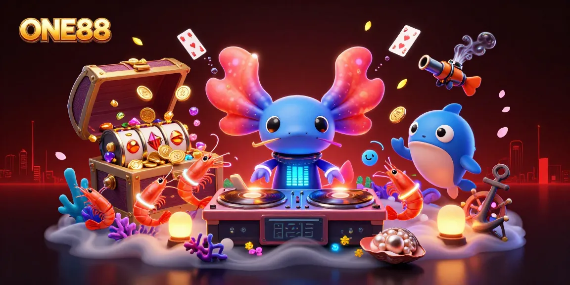 ONE88 showcases vibrant casino energy with neon characters spinning reels and treasures.