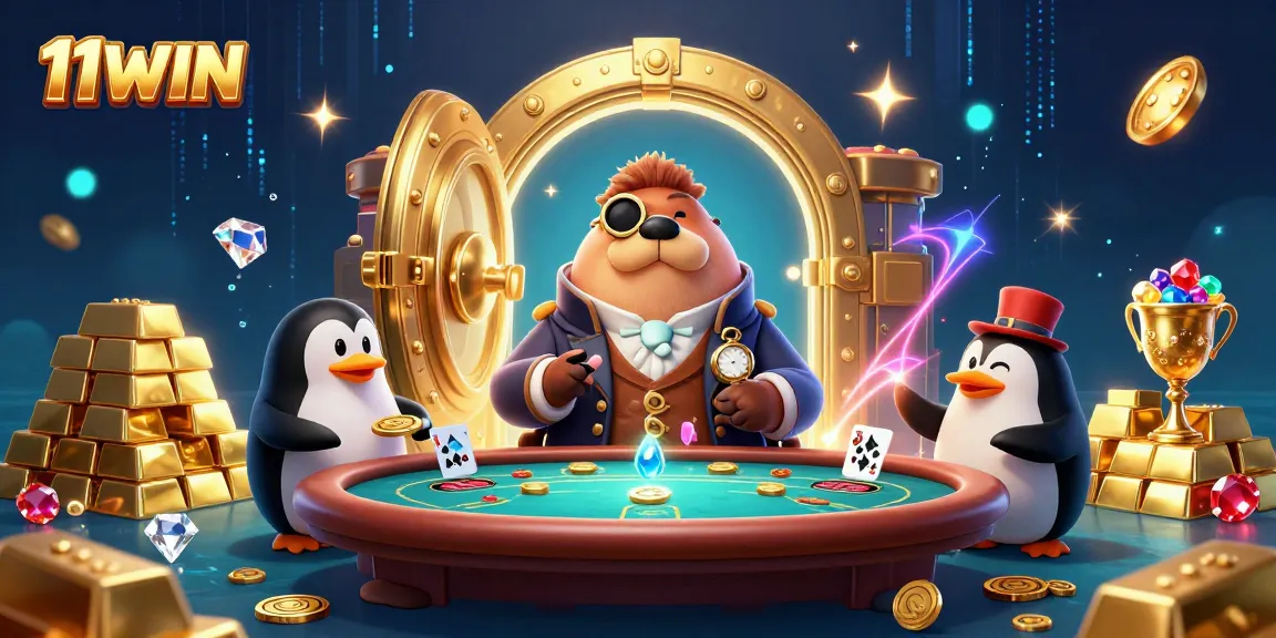 11WIN players bluff with a pufferfish at an underwater poker table in a treasure-filled scene.