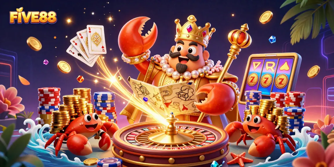 Experience the excitement at FIVE88 with the golden crab emperor and dazzling casino elements in 3D.