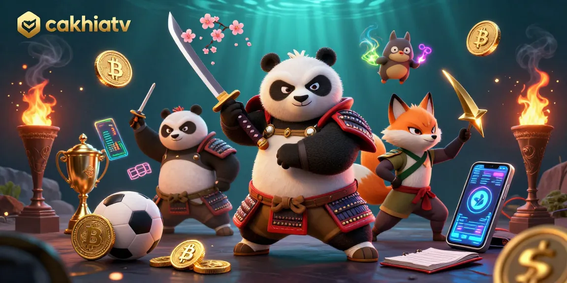 Win big with cakhiatv's dynamic sports betting scene featuring cartoon characters and bitcoin elements.