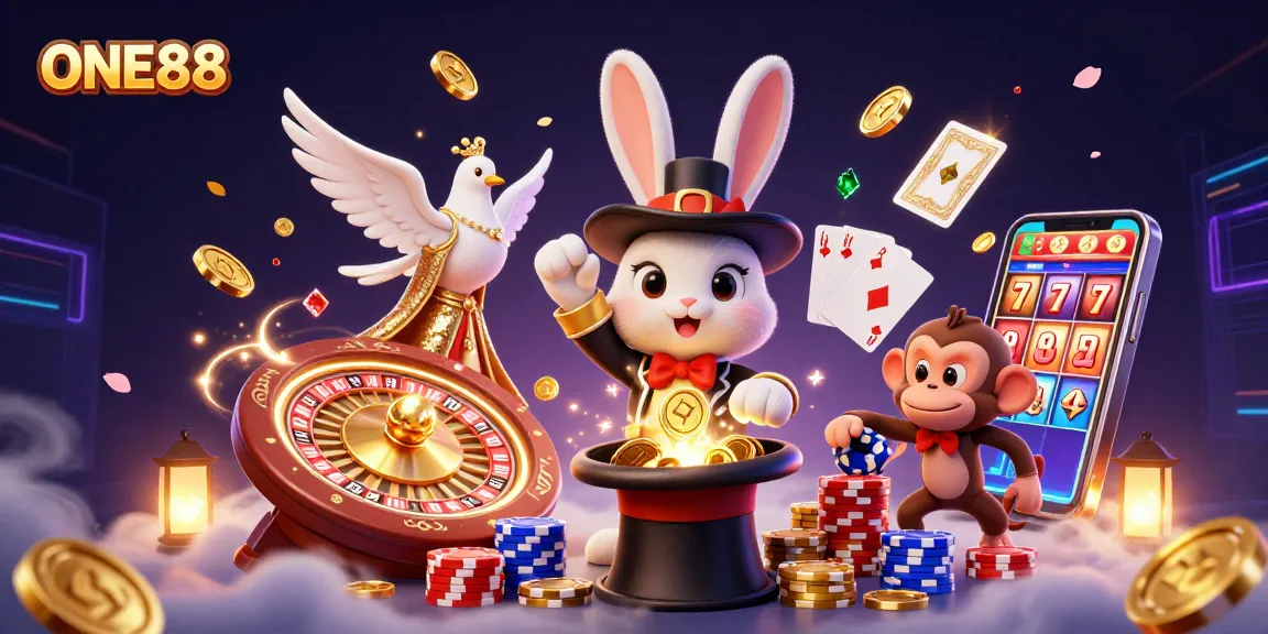 Engage with ONE88's exciting casino world featuring magical coins and playful characters.