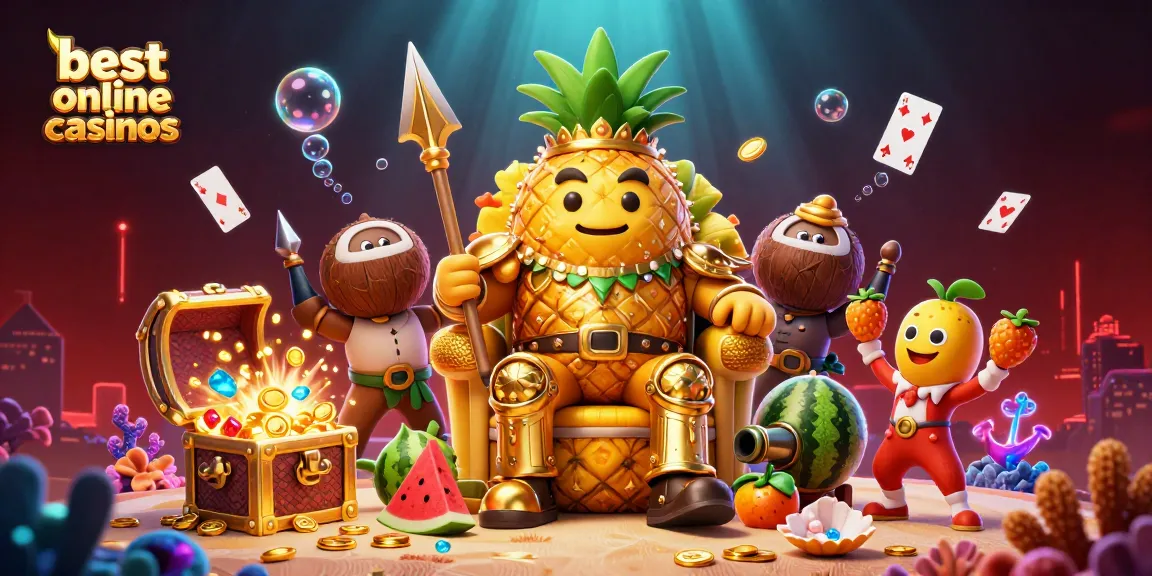 Experience the best online casinos with an enchanting scene featuring a golden pineapple king and treasure-filled underwater realm.