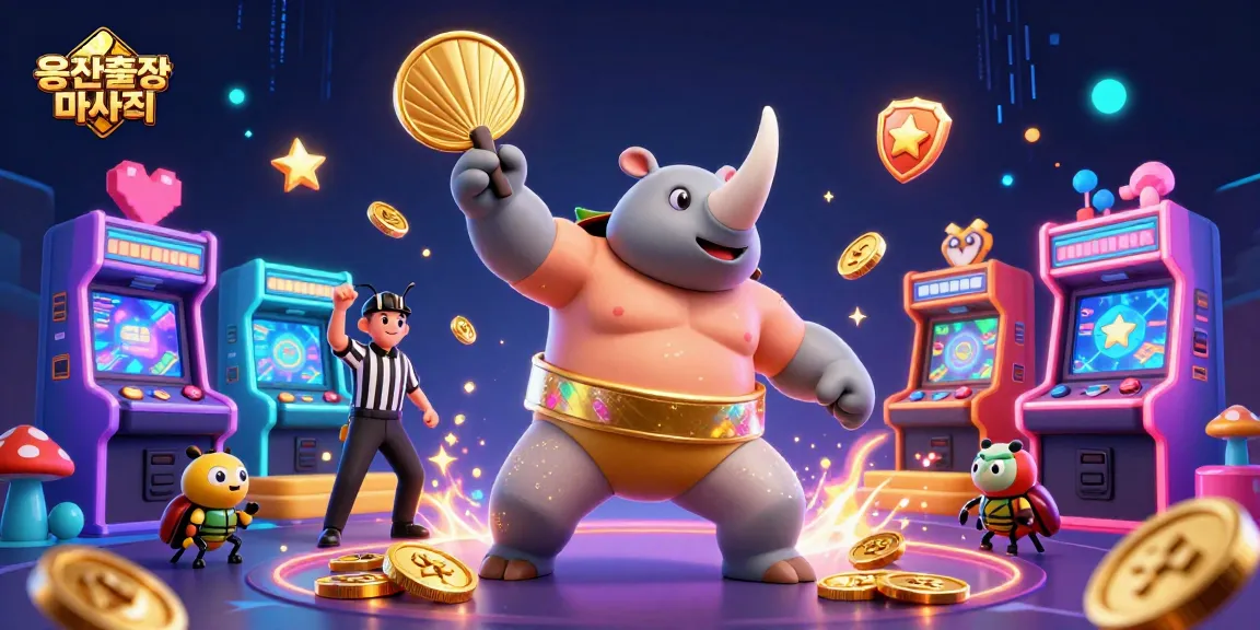 Experience the excitement of 용산출장마사지 with a dynamic gaming-themed illustration featuring a sumo beetle champion, vibrant slots, and flying coins.