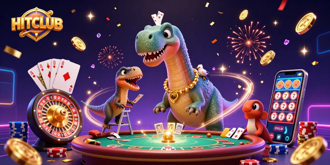 Experience the excitement at HITCLUB with a vibrant 3D casino scene featuring a brontosaurus and lively gaming elements.