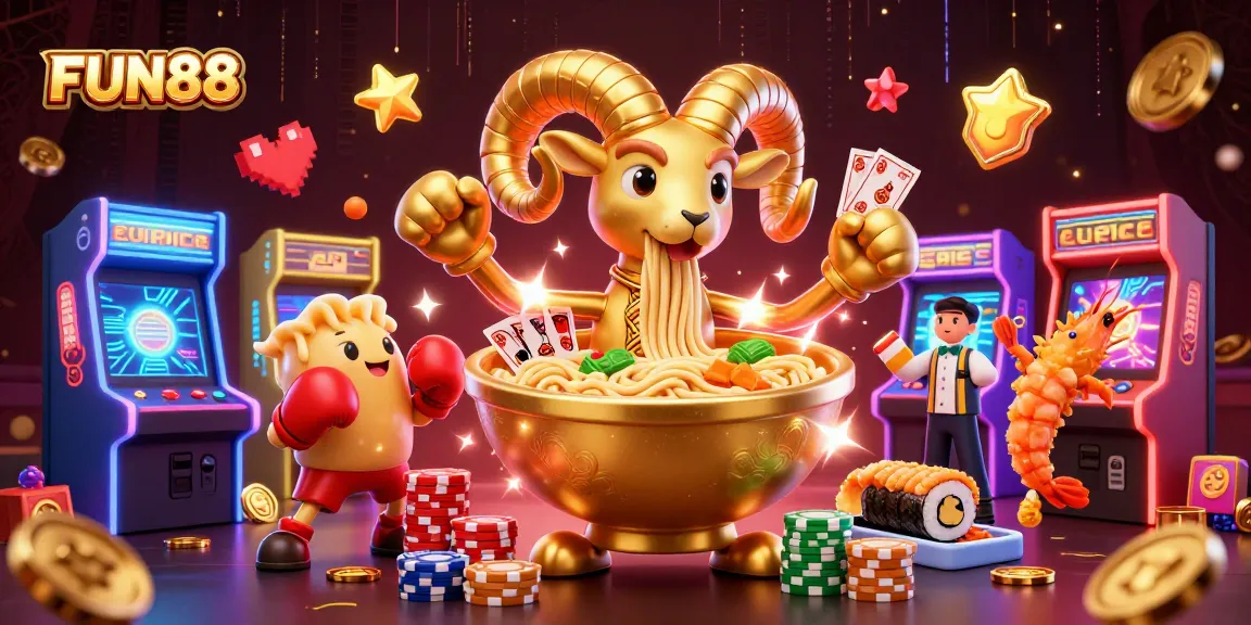 Experience excitement with FUN88's vibrant casino-themed illustration featuring games and characters.