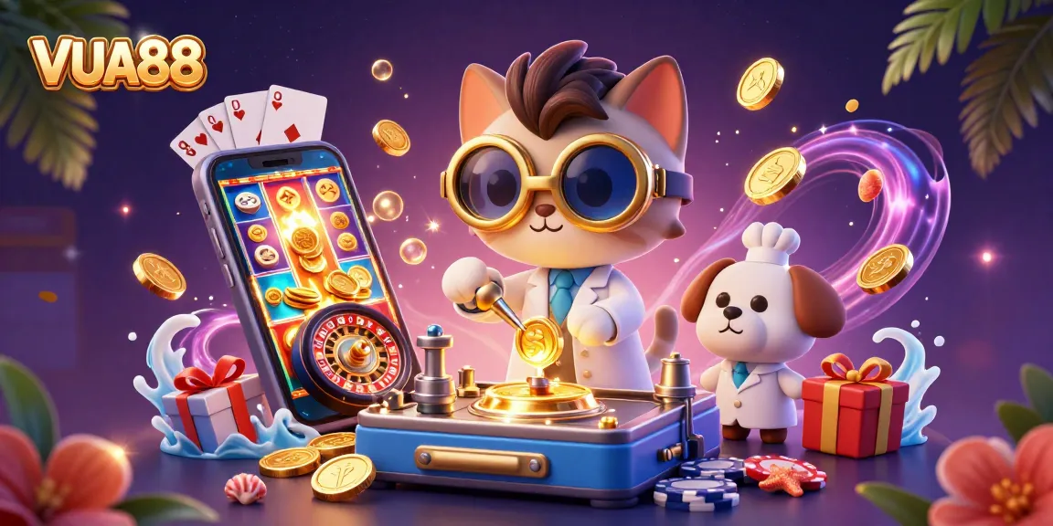 Engage in thrilling gameplay with VUA88 and a lively 3D casino illustration featuring a mad scientist.
