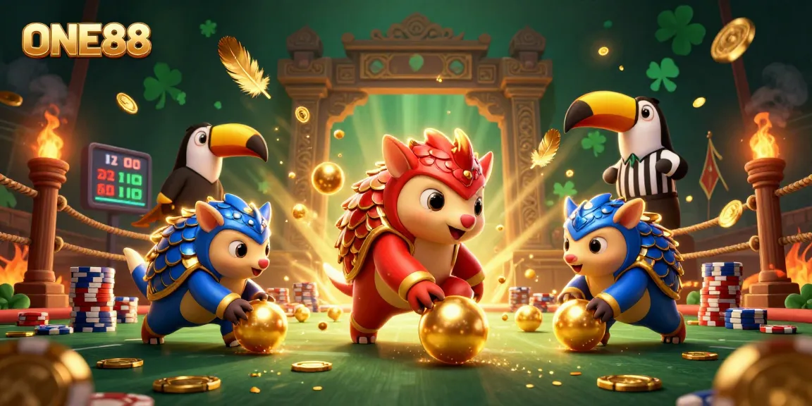 Engage in thrilling casino action with ONE88, featuring pangolins rolling through poker chips.