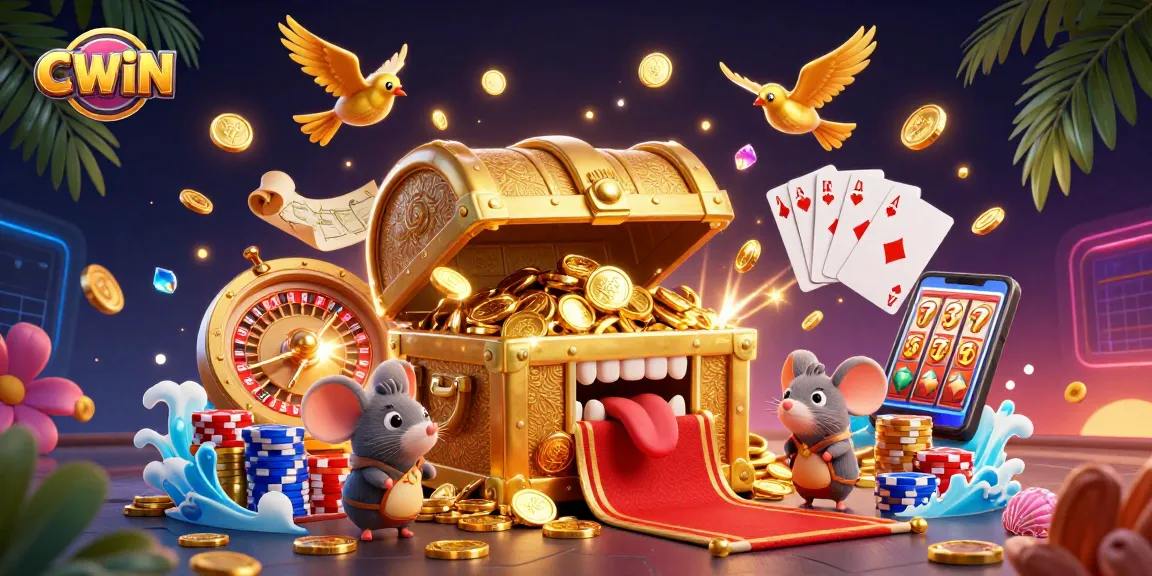 CWIN attracts players with a vibrant casino scene, featuring a treasure chest, coin cascades, and rich game elements.
