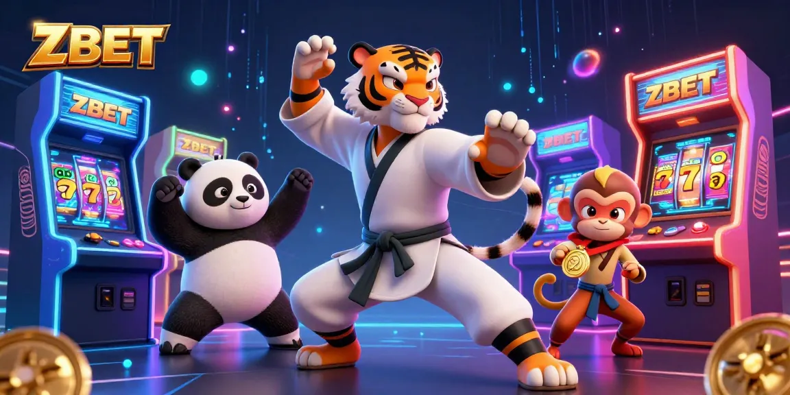 ZBET players engaging with a vibrant casino scene featuring a kung fu tiger master and a panda, emphasizing thrilling slot gaming action.