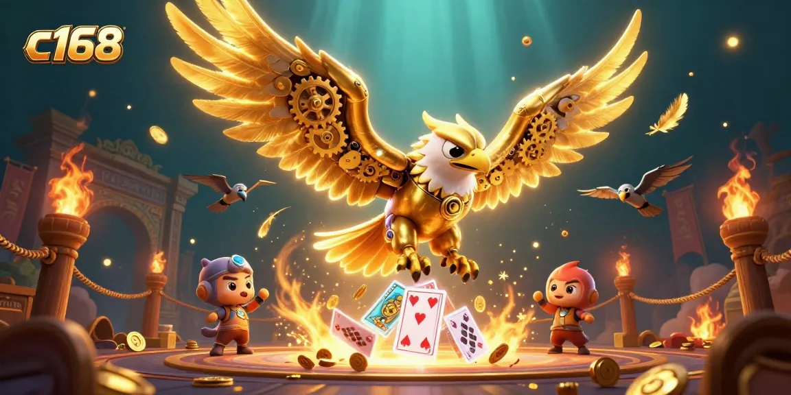 C168's 3D cybernetic eagle soars through holographic cards in a vibrant casino scene.