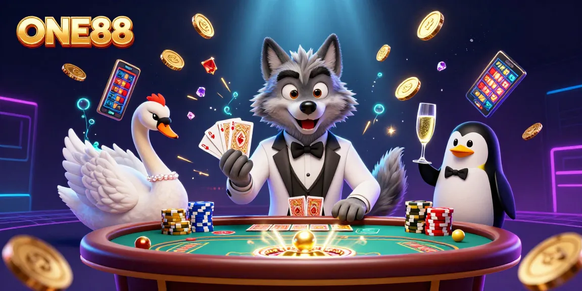 Experience winning moments with ONE88's vibrant casino scene featuring lively characters and dazzling game elements.