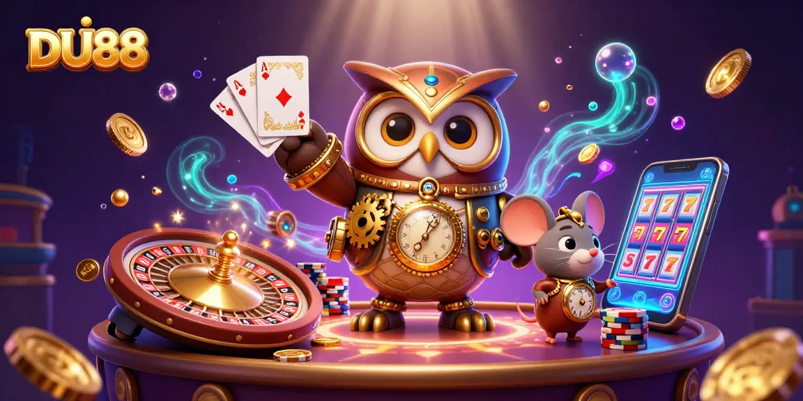 Experience DU88 excitement with a vibrant 3D depiction of a steampunk owl and casino elements.